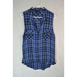 Rock & Republic Women's Large Blue Plaid Sleeveless Button Down Shirt